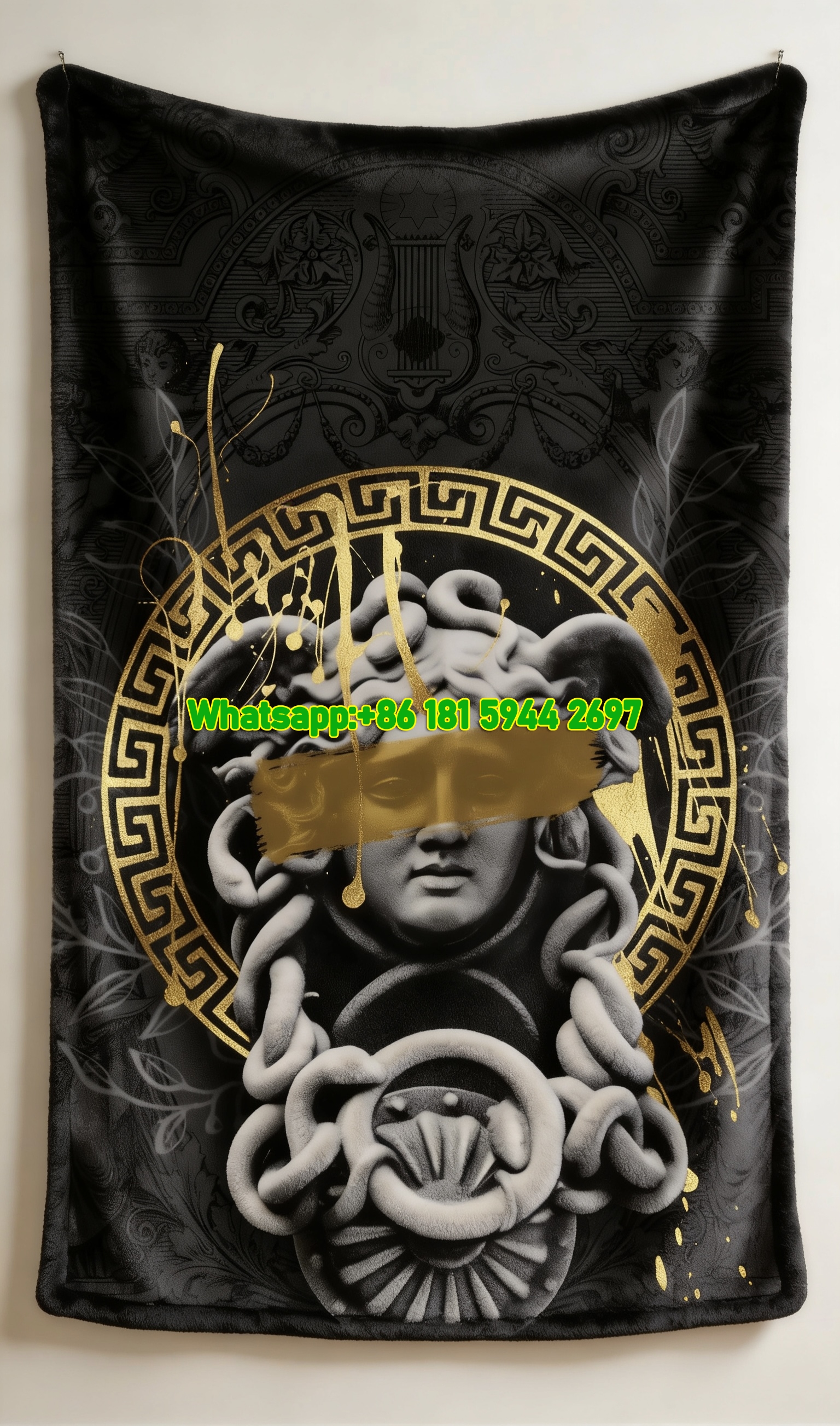 Versace Black Gold Medusa Greek Key Baroque Print Flannel Sofa Throw Blanket IMG_1416